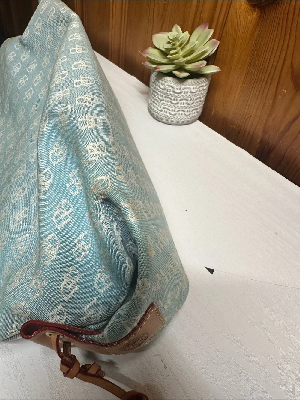 Dooney & Bourke Light Blue Monogram Drawstring Tote with Tan Trim